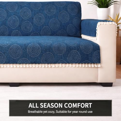 Image of STITCHNEST Woven Fabric Sofa Cover 2 Seater with 2 Hand Rest Covers - Washable Blue Sofa Cover with Tassels - Durable Premium Fabric - Stylish Sofa Protector for Living Room & Furniture Decor