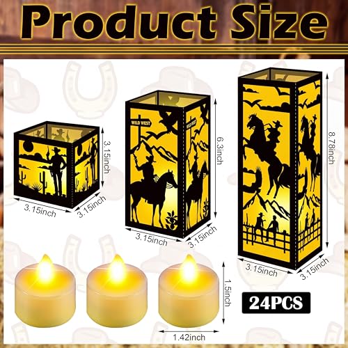 Image of Rossesay 24 Pcs Western Cowgirl Centerpieces Party Decor for Table, 3 Size Wild West Paper Lantern with LED Candle for Last Rodeo Bachelorette, Cowboy Themed Birthday Party Decorations