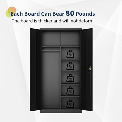 Miniatura 6 de Armario de acero con puertas de bloqueo, estantes ajustables y barra para colgar, armario de almacenamiento de metal grande para ropa, herramientas,