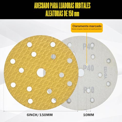 Miniatura 2 de Geogieew 50 Piezas Discos Para Lijas 150mm, Granos 40 80 120 180 320, Base De Látex Antidesgarro Para Mayor Durabilidad - Ideal Para Lijadora Excéntrica, Orbital Y Proyectos De Madera Metal