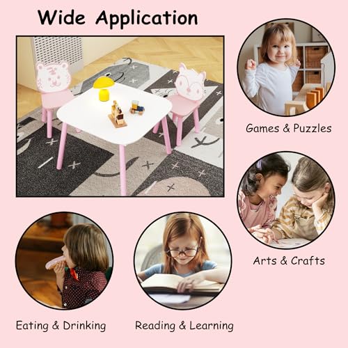Image of Wood Table & Chairs 3 Pieces Set, Boys Girls Activity Table w / 2 Animal Shaped Chairs, Solid Wood Legs, Safe Rounded Corners, Playroom Furniture for Boys & Girls Activity Dining Drawing Craft.