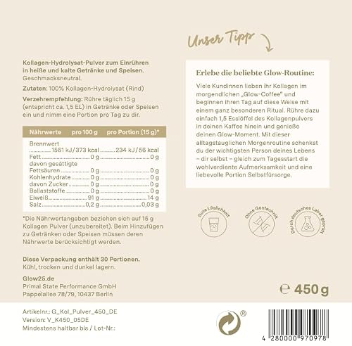 Foto von Glow25® Kollagen Pulver [450g] - Unser Original - Collagen Hydrolysat - Gute Löslichkeit - Neutral