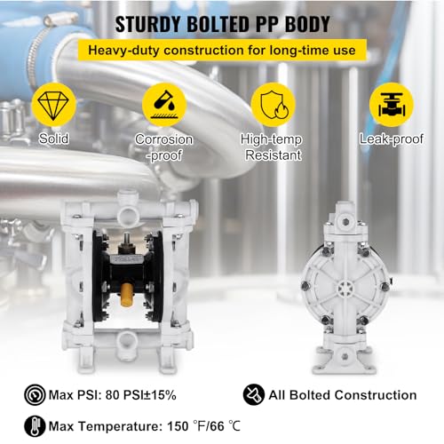Image of VEVOR Air-Operated Double Diaphragm Pump, 1 /2 in Inlet & Outlet, Polypropylene Body, 13.2 GPM & Max 120PSI, PTFE Diaphragm Pneumatic Transfer Pump for Petroleum, Diesel, Oil & Low Viscosity Fluids
