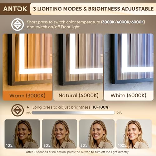 Antok 30X36 LED Bathroom Mirror with Lights, Vanity Mirror for Wall with Black Frame, Touch Control, Anti-Fog, Dimmable Lights, Shatter-Proof, Memory Function, Wall-Mounted Vanity Mirrors by Antok - Image 7