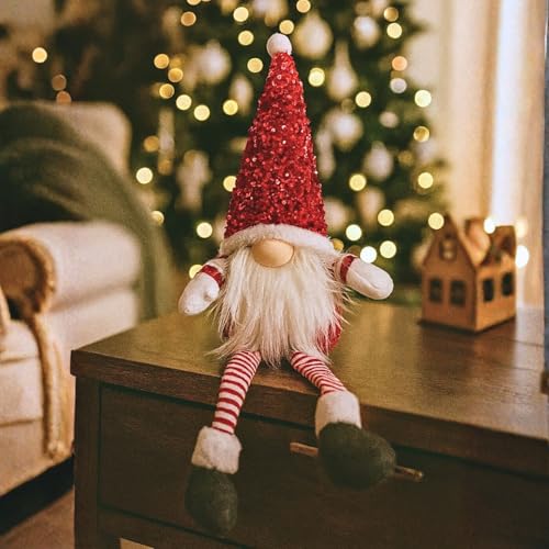 Marco Paul 59cm Sitting Red Glam Gonk – Soft Plush Christmas Nordic Gnome Ornament - Sparkle Hat Festive Indoor Santa Figure Decoration for Table, Fireplace & Xmas Home Décor