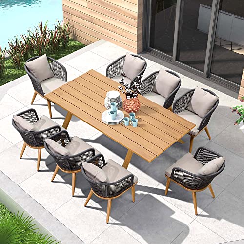 Purple Leaf 9 Pieces Patio Dining Set Wicker Outdoor Furniture Rectangular Table And Chairs Set For Garden Deck Teak-Finish Aluminum Frame Backyard Kitchen Set, Cushions And Pillows Included #TOP14