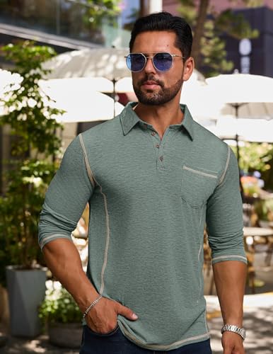Mens Long Sleeve Polo Shirt Casual Collared Golf T-Shirt Classic Button Lightweigt Pullover Shirts with Pocket2
