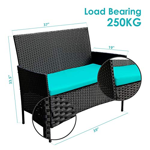 Viewee 4 Pieces Outdoor Patio Furniture Sets Rattan Wicker Patio Set with 2 Cushioned Chairs (Blue Cushion) & A Double Sofa & 1 Glass Top Patio Table