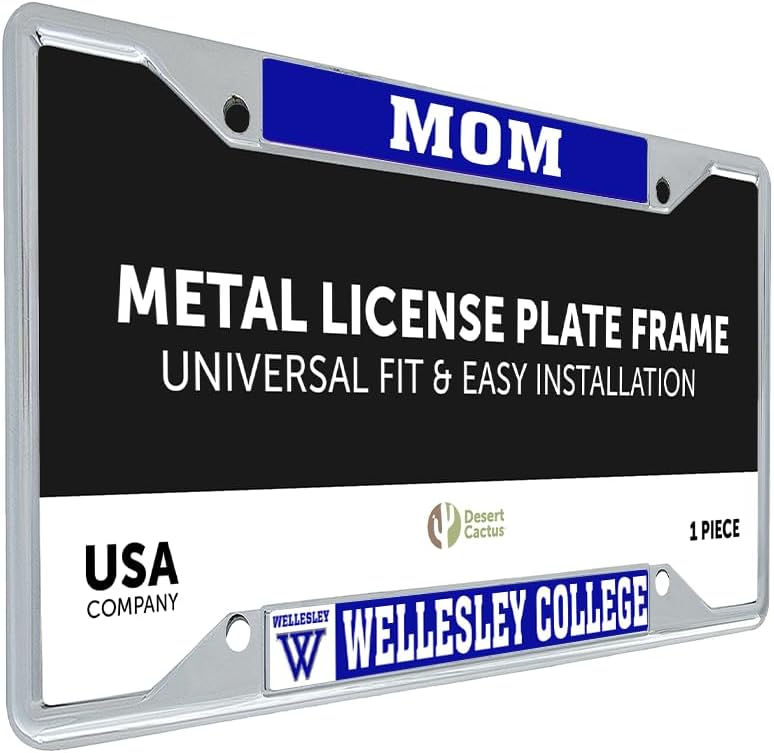 Desert Cactus Wellesley College Car Accessories Blue Metal License Plate Frame and Tag Holder for Front or Rear of Car (Mom)