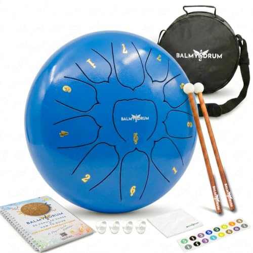 Balmy Drum Steel Tongue Drum 10 inch 11 Notes 440Hz Handpan Drum with Music Book Mallets Carry Bag Finger Picks Rain Drum for Outdoor Meditation Yoga Calming Instruments for Adults Kids (Blue)