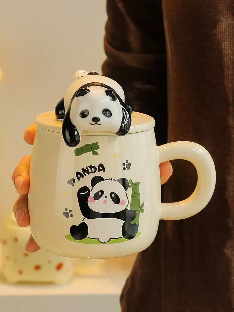 Vasukie 3D Panda Ceramic Coffee Mug with Lid & Glass Spoon, Gift for Brother, Birthday, Rakhi, Panda Mug White, 420ml