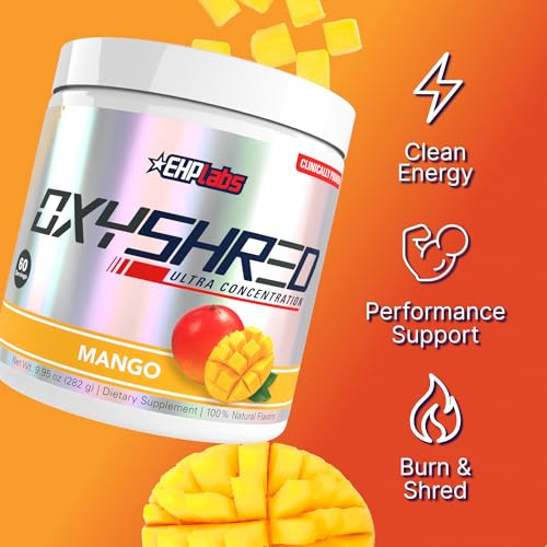Image of EHP Labs OxyShred Pre Workout Powder - Preworkout Powder with L Glutamine & Acetyl L Carnitine, Energy Boost Drink - Mango, 60 Servings