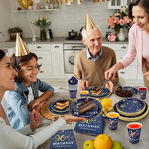 Image of 90th Birthday Decorations Plates and Napkins Blue and Gold, Service for 30, 90th Birthday Party Bundle Supplies Includes Navy Blue Plates, Napkins, Cups for Men Women