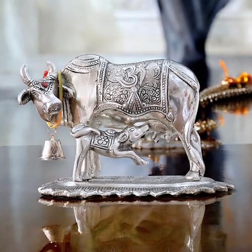 Image of KridayKraft Metal Om Kamdhenu Cow and Calf Metal Statue for Good Luck,Feng Shui As Table Top Figurine,Vastu,Religious Gau MATA Idol Home,Office&Table Decorative,Animal