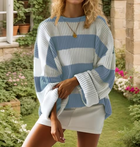 Image of Simier Fariry Womens Fall Oversized Pullover Sweater Long Sleeve Comfy Knitwear Retro Stripe Casual Outfit