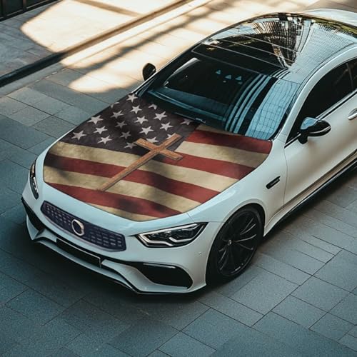 Image of American Bone Cross Car Hood Cover Stretch Polyester Car Hood Cover Washable Automotive Accessories Suitable Most Automotive Sedans Trucks SUVs Sports Cars
