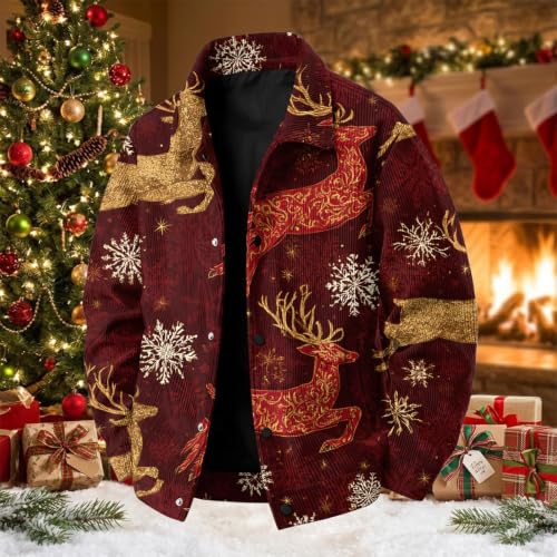 Varsity Jacket Men Christmas Print Vintage Snap Buttons Long Sleeve Shacket - image 3