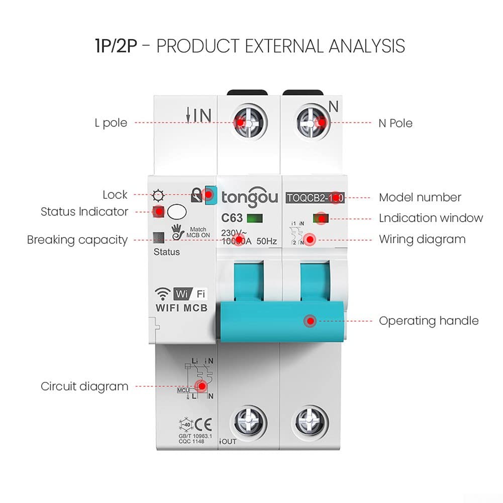per Tuya MCB WIFI Interruttore di Misurazione, Interruttore Intelligente, Timer per Smart Life Telecomando Wireless, 2P