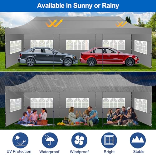 Image of COBIZI 10x30 Pop Up Canopy Tent with 8 Sidewalls,Heavy Duty Canopy,Gray