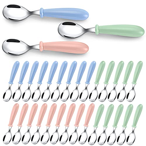 30 Pcs 5 Inch Stainless Steel Toddler Spoons Dishwasher Safe Baby Spoons Toddler Utensils With Round Handle Toddler Flatware Sets For Baby Kids Children Self Feeding, Blue Green Pink #TOP27