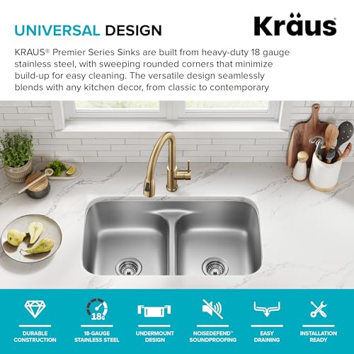 Image of KRAUS Premier 32-inch Undermount 50 /50 Double Bowl Low Divider 18-Gauge Stainless Steel Kitchen Sink with WasteGuard Continuous Feed Garbage Disposal, KBU32-100-75MB