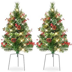Best Choice Products Set of 2 24.5in Outdoor Pathway Christmas Trees, Battery Operated Pre-Lit Holiday Décor for…
