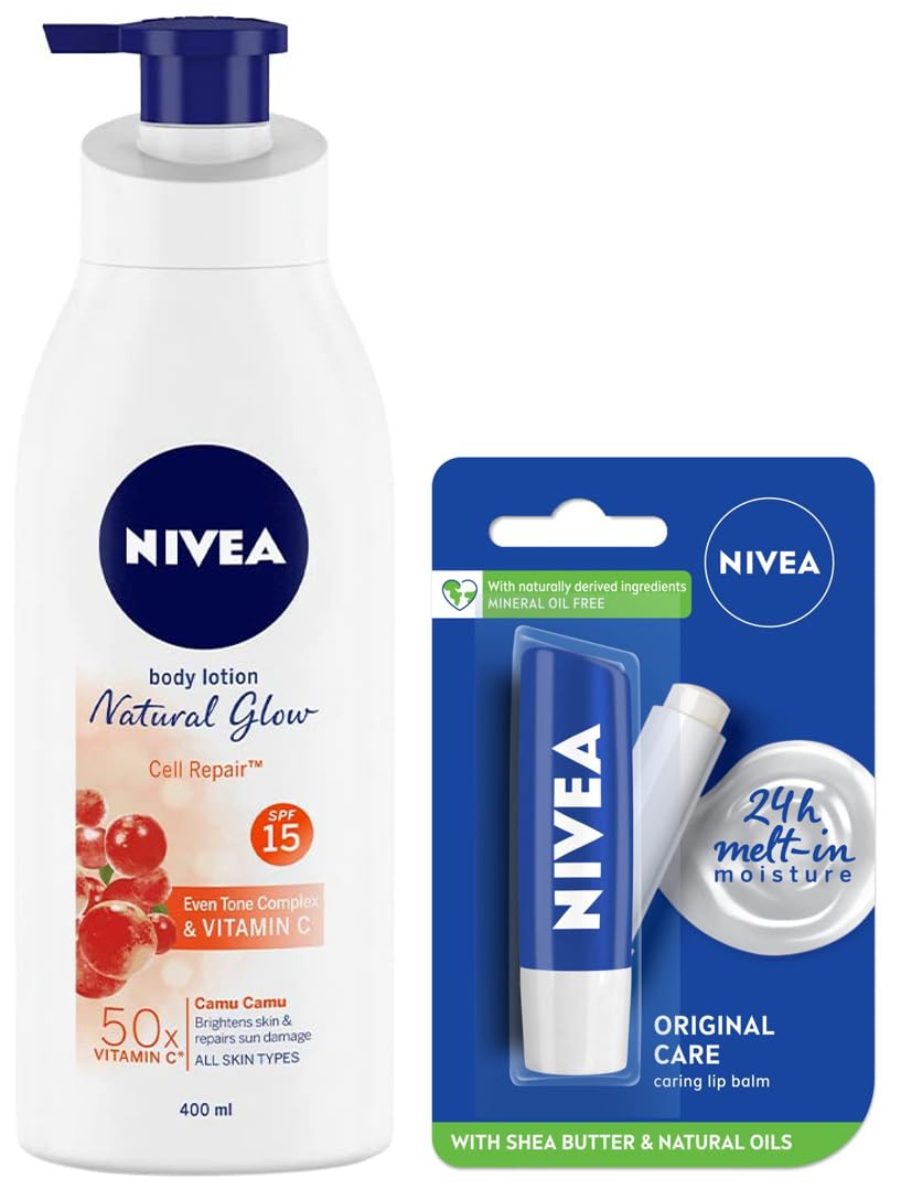 Nivea Body Lotion, Extra Whitening Cell Repair SPF 15, For All Skin Types, 400ml & Lip Balm, Original Care, 4.8g-picture-20