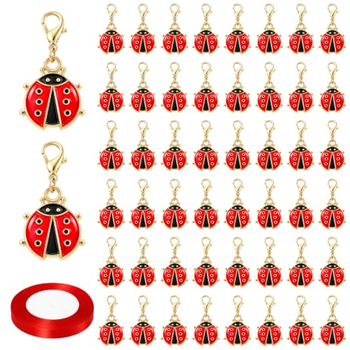 Keboyoe 50 Stück Marienkäfer Anhänger Marienkäfer Klein Schlüsselanhänger | Mit 1 roten Band für Weihnachten,Neujahr,Silvester,Adventskalender Ladybug Deko Anhänger Klein Mode Marienkäfer Deko