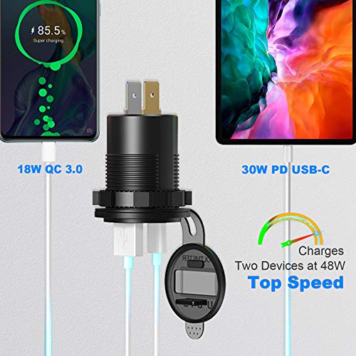 Cigarette Lighter Socket 12V USB with Rocker Toggle Switch, Qidoe PD 20W USB C and QC3.0 Car USB Port with Voltmeter DC 12V USB Outlet Charger Socket Panel Waterproof for Boat Marine Camper Truck