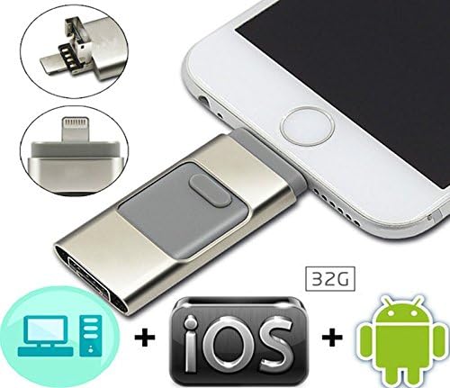 32GB Flash Drive U Disk - Thumb Drive with USB Mirco USB and Lightning(3 in 1)Connector Perfect for Small Memory iPhone, Pen Drive External Memory Stick for Apple IOS Android Computer-Silver