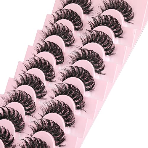 False Eyelashes Clear Band Fluffy Hybrid Russian Strip Lashes DD Curly Faux Mink Lashes Wispy Volume Fake Eyelashes Pack 10 Pairs