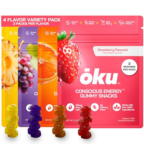 Image of ōku Energy Chews - Energy Gummies w /Natural Caffeine from Green Tea | Yerba Mate, Coconut Water for Hydration, 4g Fiber Gummy, Non-GMO | Running, Cycling, On-the-Go Snacks, Variety Pack (8-Pack)