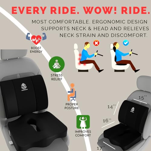 Image of MRRON Car Comfort Combo | Memory Foam Backrest & Wedge Seat Cushion Combo of 2 | Orthopedic Support for Back, Tailbone, Sciatica | Ergonomic Comfort for Car, Office| Posture Correction | Universal Fit
