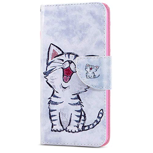 HMTECH Para Huawei Honor 8X Funda Gato de la Sonrisa patrón PU Leather Wallet con Business Card Holder Stand Function Case Compatible with Huawei Honor 8X,Smile Cat HX