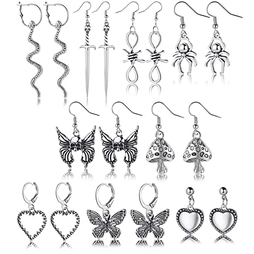9 Paar Gothic Ohrringe Vintage Punk Ohrringe für Damen Silber Skelett Fledermaus Schwert Spinnen Ohrringe Goth Hängend Ohrringe Set Halloween Ohrringe Cover