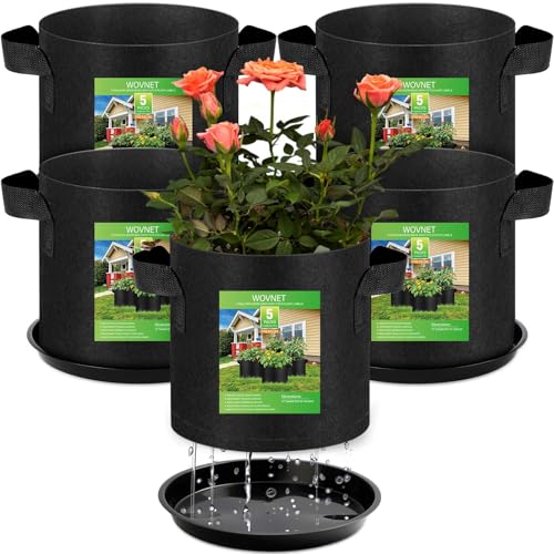 Wovnet 5 Pack Grow Bags with 5 Plant Saucer and 5 Labels, Sturdy Fabric Plant Pots, Fabric Garden Grow Bags for Vegetables, Aeration Pots with Handles(5 Gallon)