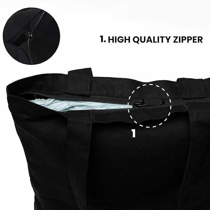 Image of Black Tote Bag With Pocket Printed Designed Canvas Tote Bags For Women large capacity,Tote bag For Shopping, College, Travel, More Canvas Handbag For Unisex Bag