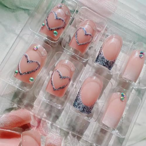 Valentine\'s Day Press on Nails Medium Length Square Glitter French Tip Manicure Press on Heart Design, Glossy Sparkly Love White Gradient French False Nails,Heart Nails Stick on Nails for Women - Thumbnail 7