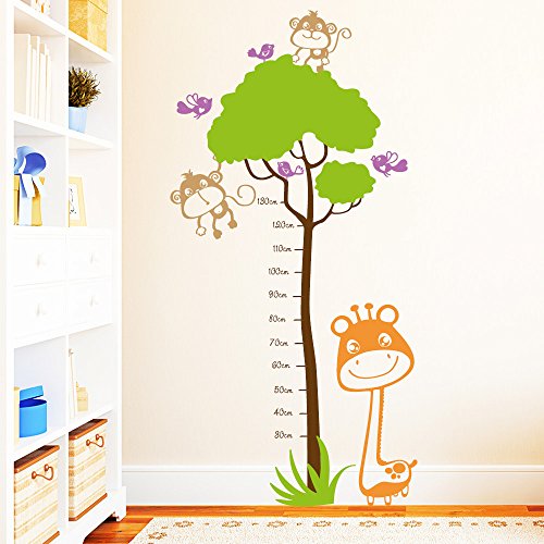 Wandtattoo Loft Maßband Messlatte Giraffe mit Äffchen und Vögeln Wandaufkleber/farbig