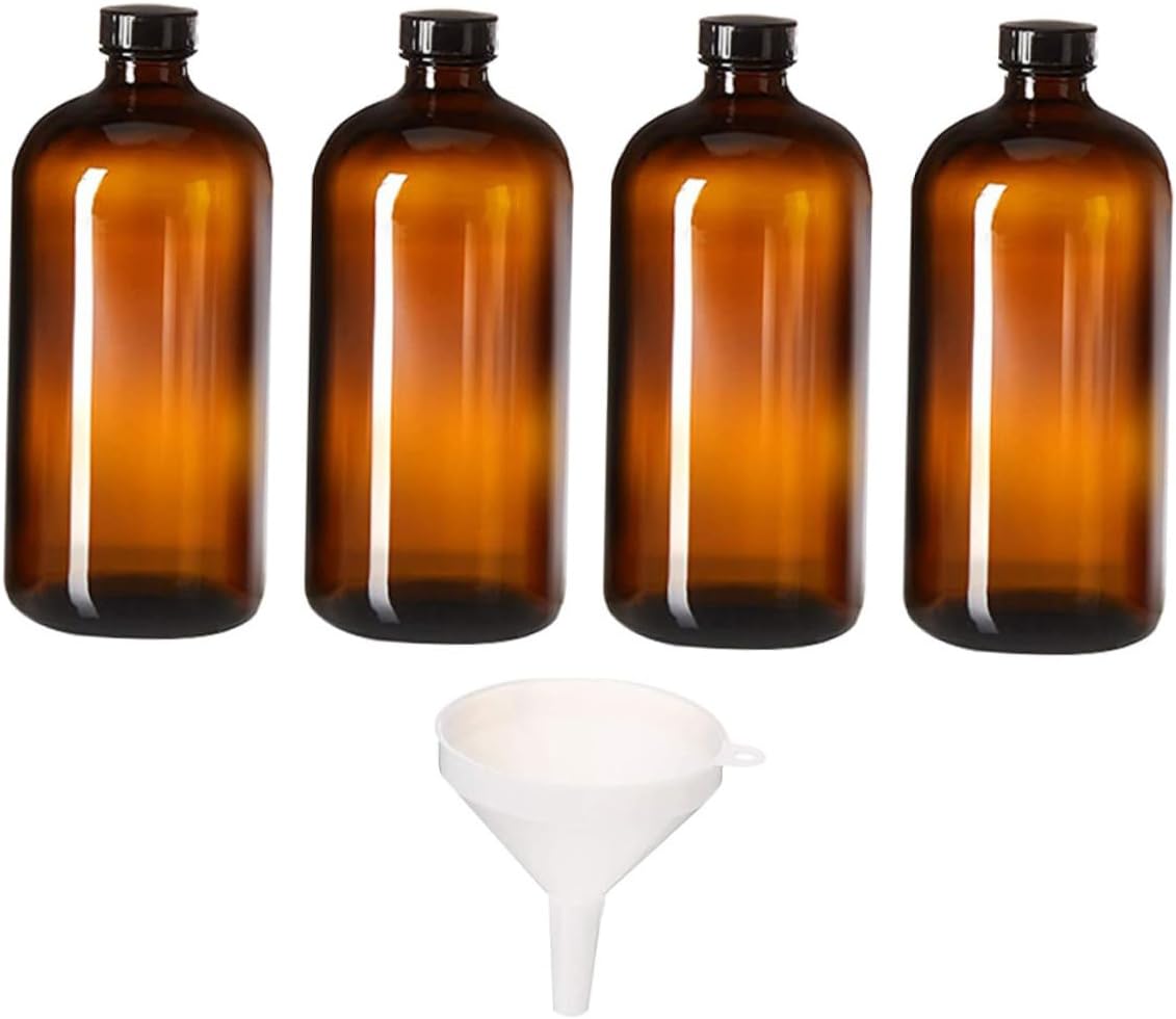 4pcs Brown Glass Reagent Bottle with Funnel Small Mouth Sample Bottles for Chemistry Research and Education Capacity Fall-resistant Design