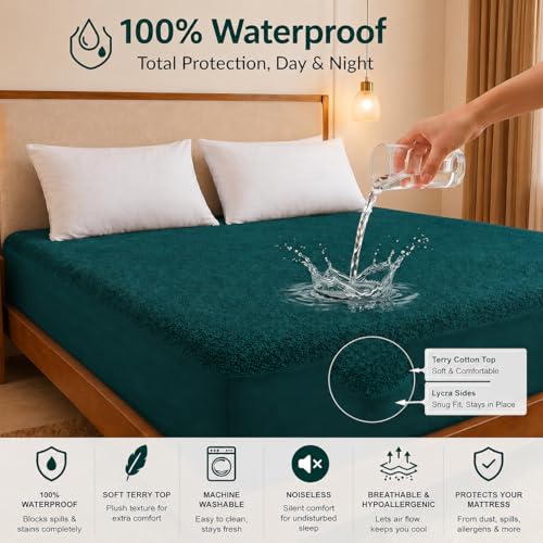 Image of Cotton Feel Terry 78x72 inch Ultra Soft Waterproof Mattress Protector King Size | Breathable Hypoallergenic Mattresses Cover for King Size Bed (Teal Green)