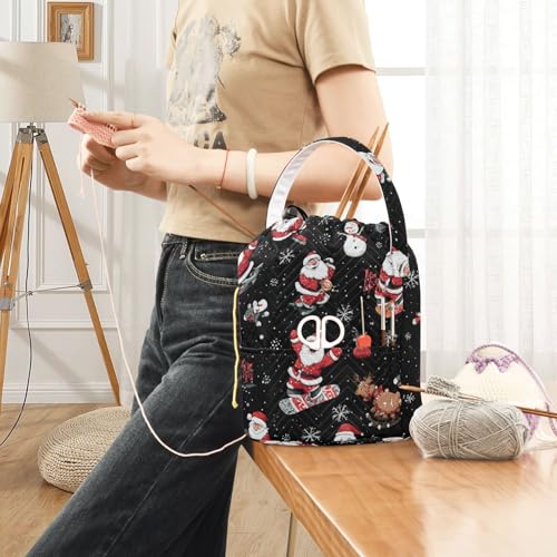 Image of ElliTarr Crochet Bag Yarn Bag with Handle Portable Knitting Project Bag Travel Yarn Storage Organizer Holder Case Black Santa Claus Snowmen Deer