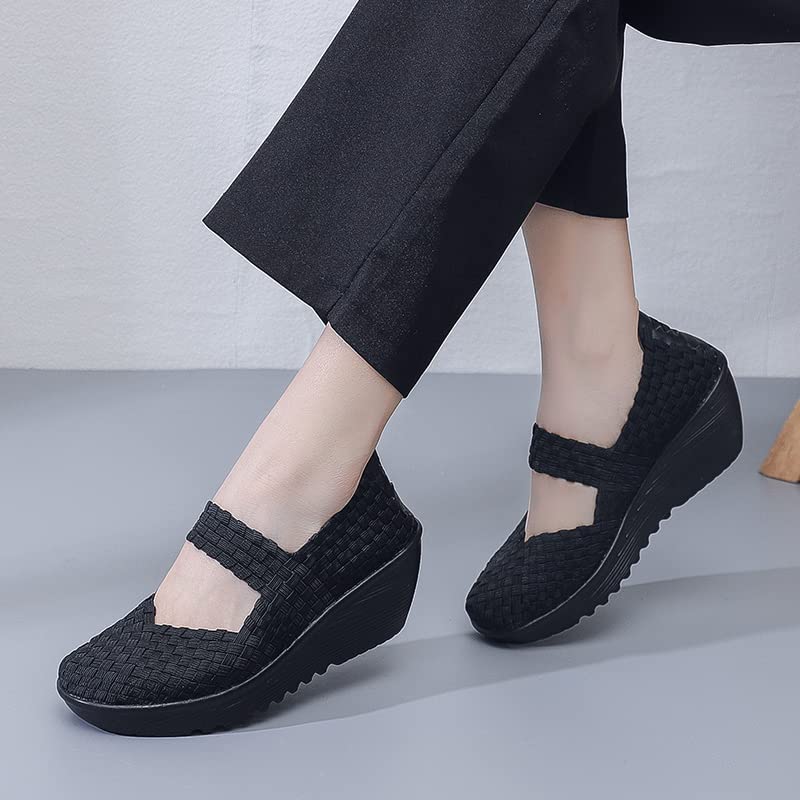 Veroders Women's Woven Elastic Platform Sandals Platform Wedge Sandals for Women Slip-On Wedge Woven Pumps Shoes 889 Black 413