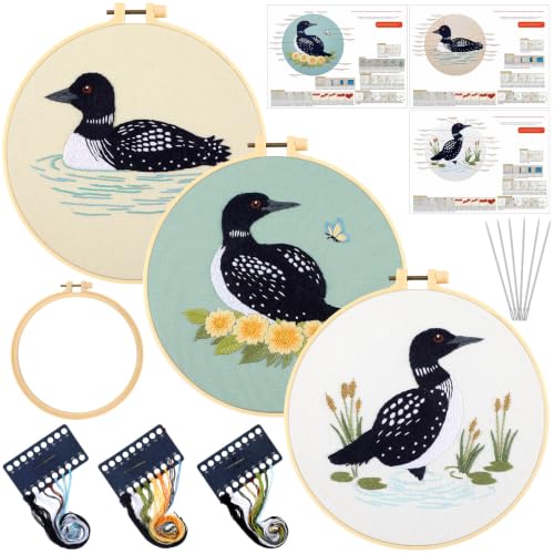 Image of Mindsoft 3 Set Needlepoint Kit for Beginners with Hoop,Loon