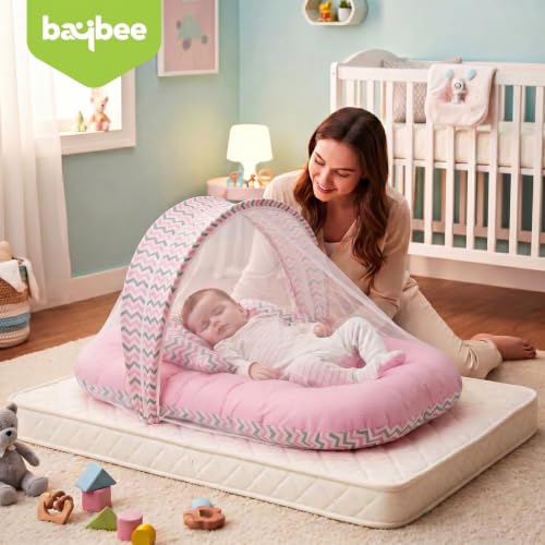 Image of BAYBEE Baby Bedding Set for New Born Baby, Bed Mattress with Mosquito Net & Neck Pillow, Sleeping Nest Travel, Infant Toddler Bed Set Gifts for Baby Boy Girl 0-6 Months (Pink)
