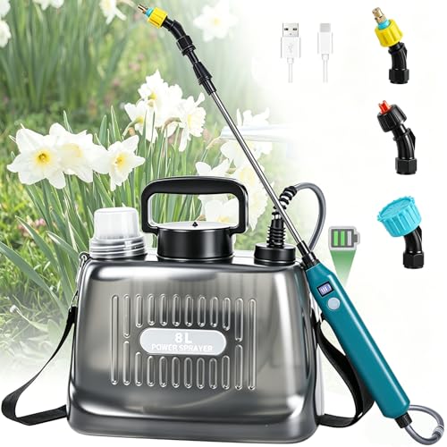 DOUBFIVSY Drucksprüher AutoPump, Gartenspritze Sprühgerät mit Batterie, Elektrischer Pflanzensprüher mit 3 Düsen, Teleskopierbare Lanze mit Sichtbarer Batteriestand, Transparenter Tank (8L)