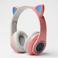 Fone de Ouvido Infantil Bluetooth com Orelhas de Gato, Luzes RGB, Dobrável, Ajustável, Conforto Prolongado e Conectividade Multiuso (Rosa)