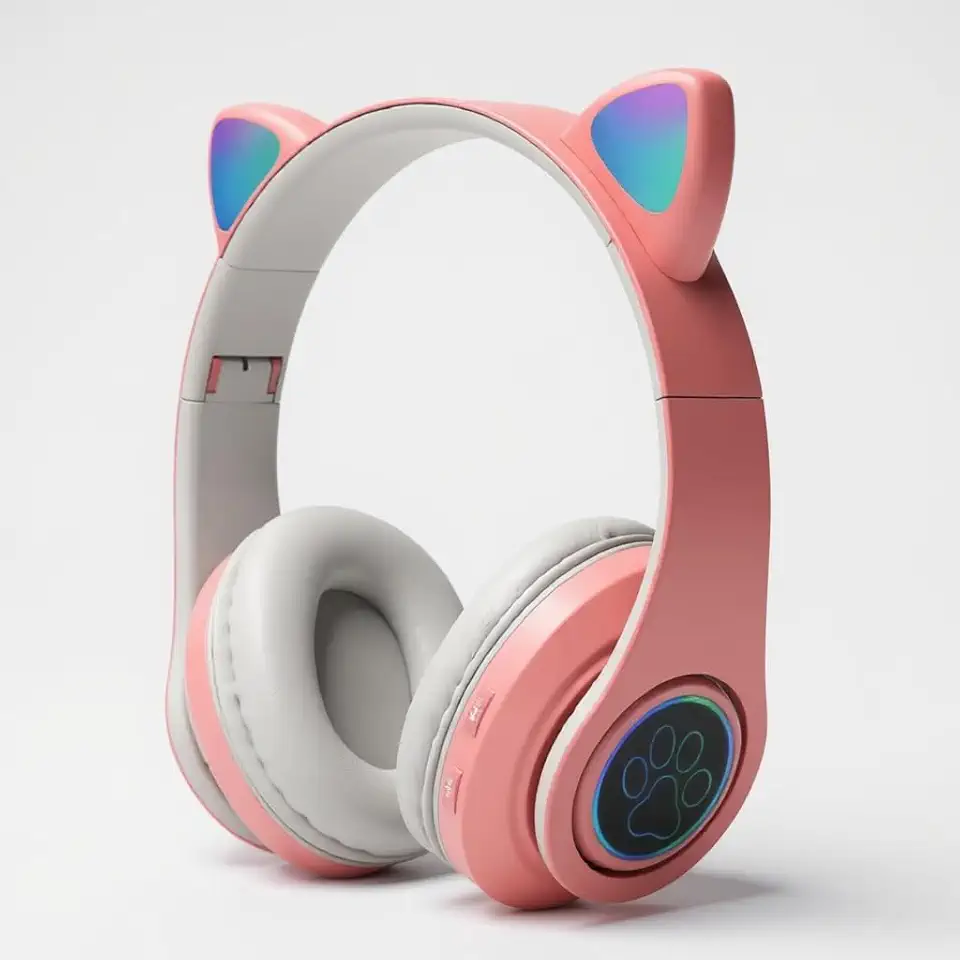 Fone de Ouvido Infantil Bluetooth com Orelhas de Gato, Luzes RGB, Dobrável, Ajustável, Conforto Prolongado e Conectividade Multiuso (Rosa)