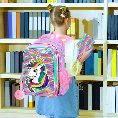Image of CCJPX 3Pcs Unicorn Backpack for Girls, 16 inch Kids Sequin Bookbag with Lunch Box, Water Resistant Elementary School Bag for Kindergarten Preschool Toddler (Rainbow)