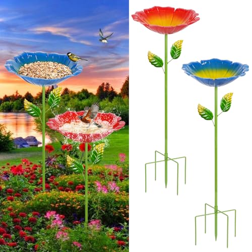 Image of 2 Pack Bird Bath for Outside, Outdoors Garden Decor Flower Birdbath | Colorful Metal Bird Bowl with Five Stakes for Hummingbird Baths & Bird Feeders, 31.3 inch H x 10.63 inch Dia (Cyan, Deep Red)